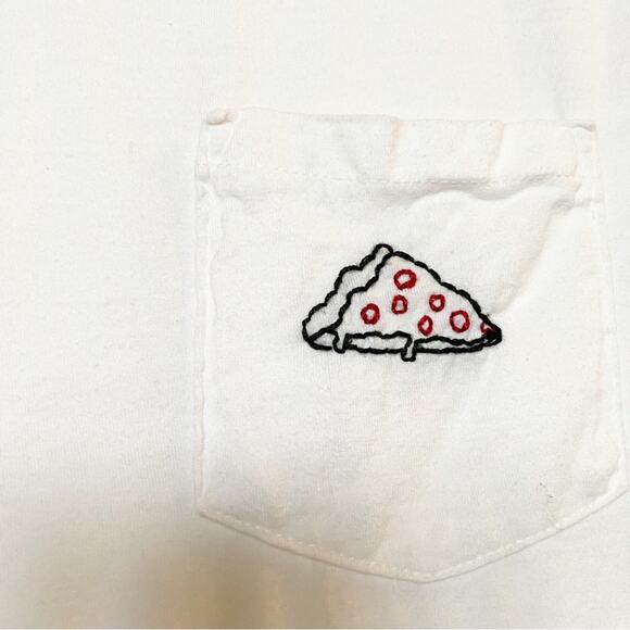 Hanes Embroidered Pocket Pizza Crewneck Tee White Size Small - Picture 2 of 4